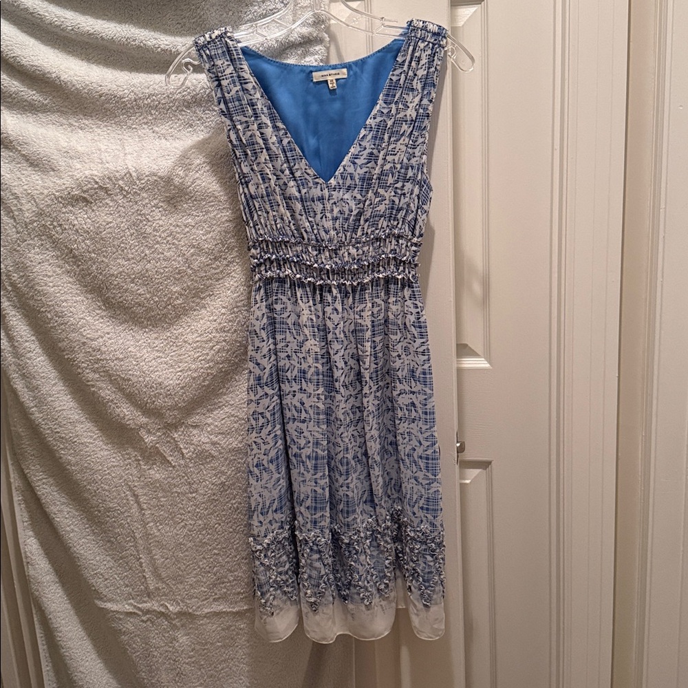 Max Studio Blue and White Sleeveless Dress with Unique Hem Embellishments